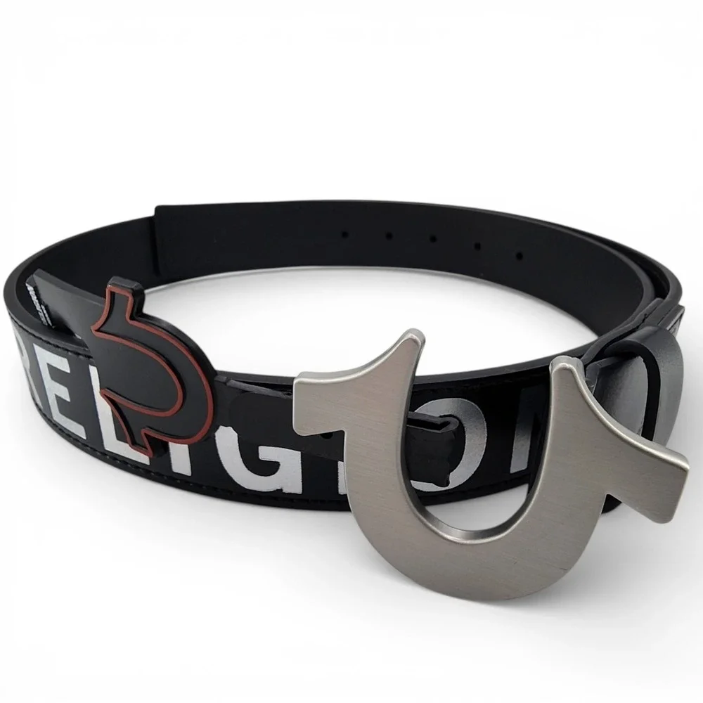 True Religion Mens Belt Holo Sage Black Heavyweight Horseshoe Buckle Size 38 NEW